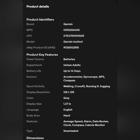 Garmin Instinct Graphite Smartwatch GPS Military Multi Sports Watch - Picture 12 of 12